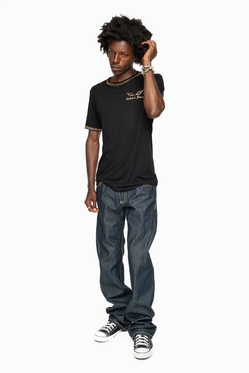 ROBIN’S BOOT CUT FAT BOY WESTERN JEAN  IN RAW DENIM WITH LEATHER INSERTS EMBELLISHED WITH CRYSTALS