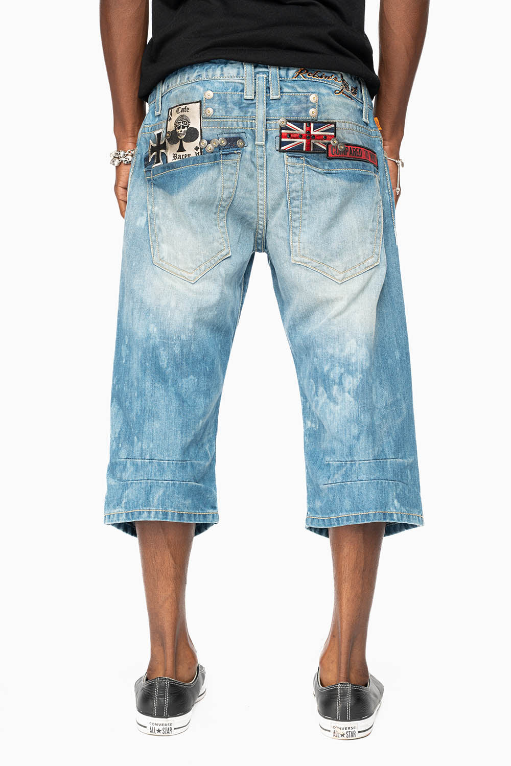 LIMITED EDITION EASY RIDER SHORTS W/ PATCHES IN AQUARAMA DARK WASH