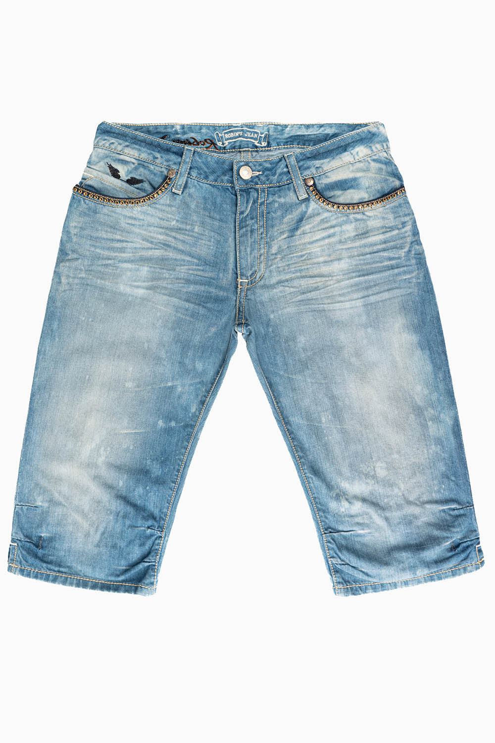 ROBIN'S EASY RIDER SHORTS  IN AQUARAMA DARK WASH EMBELLISHED WITH CRYSTALS