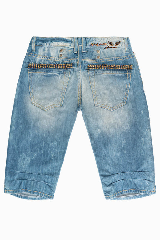 ROBIN'S EASY RIDER SHORTS  IN AQUARAMA DARK WASH EMBELLISHED WITH CRYSTALS