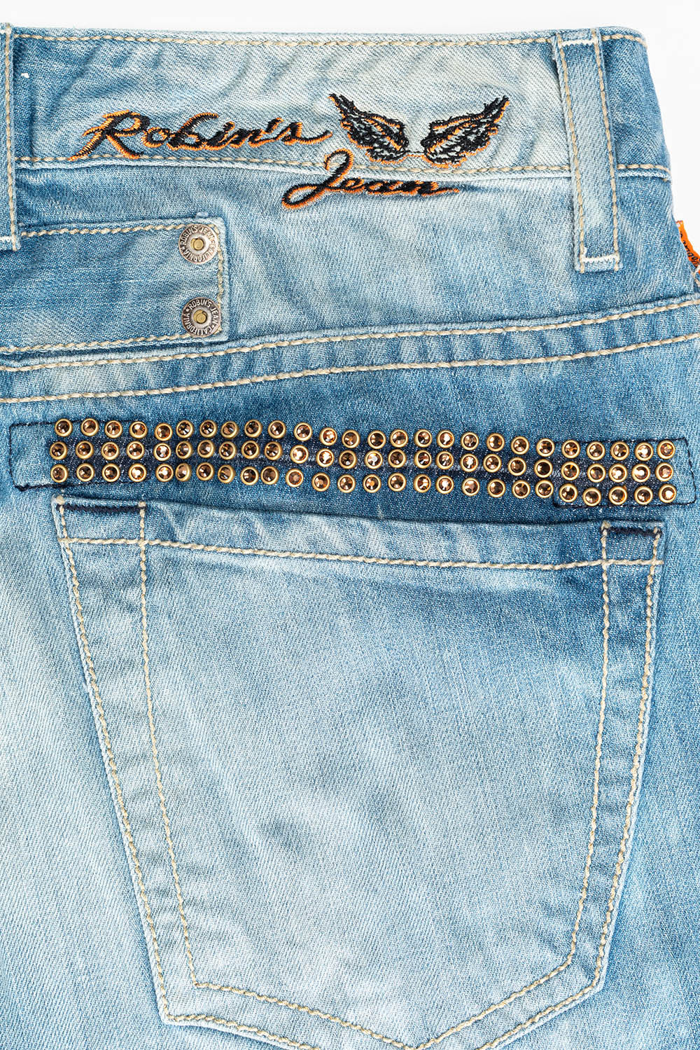 ROBIN'S EASY RIDER SHORTS  IN AQUARAMA DARK WASH EMBELLISHED WITH CRYSTALS