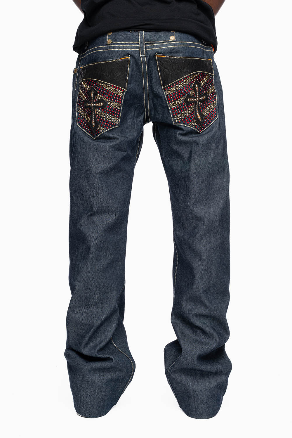 ROBIN’S BOOT CUT GOTHIC JEAN  IN RAW DENIM WITH BLK LEATHER  GOTHIC CROSS FULLY  EMBELLISHED WITH CRYSTALS