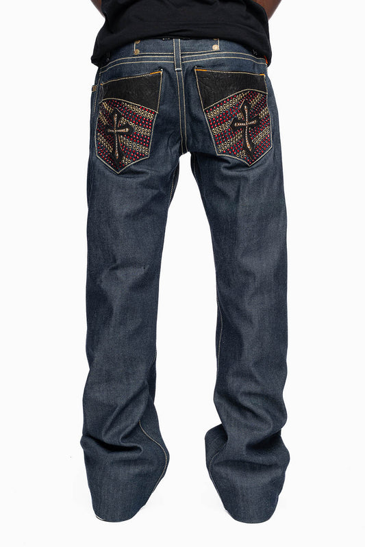 ROBIN’S BOOT CUT GOTHIC JEAN  IN RAW DENIM WITH BLK LEATHER  GOTHIC CROSS FULLY  EMBELLISHED WITH CRYSTALS