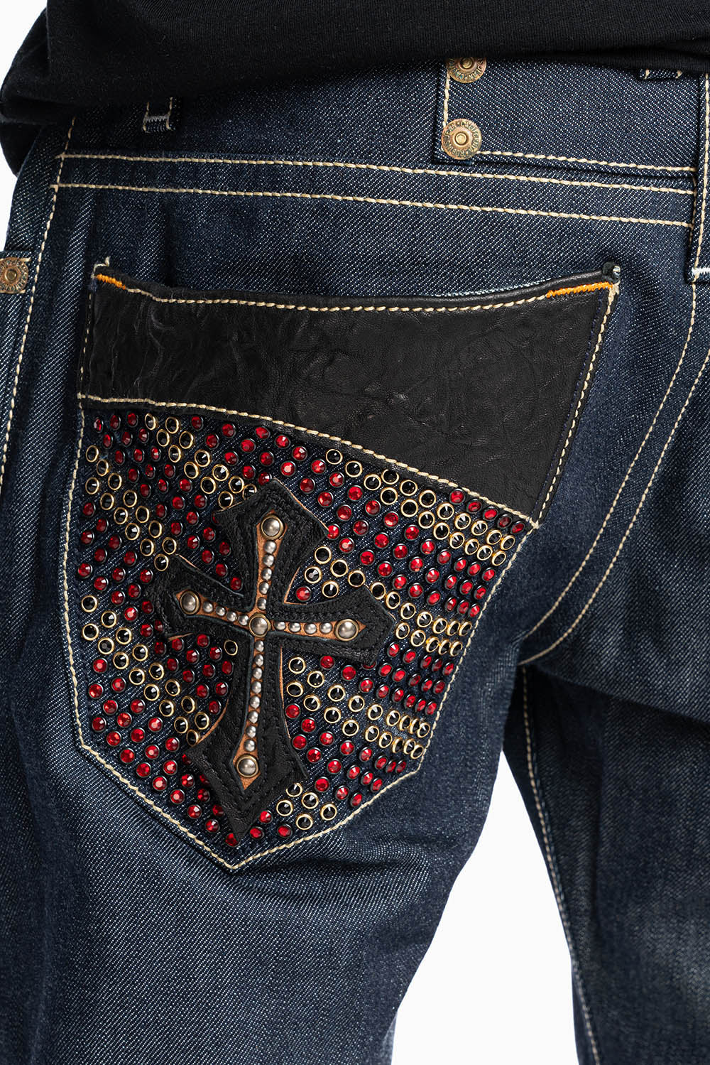 ROBIN’S BOOT CUT GOTHIC JEAN  IN RAW DENIM WITH BLK LEATHER  GOTHIC CROSS FULLY  EMBELLISHED WITH CRYSTALS
