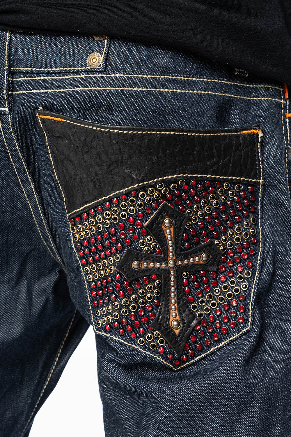 ROBIN’S BOOT CUT GOTHIC JEAN  IN RAW DENIM WITH BLK LEATHER  GOTHIC CROSS FULLY  EMBELLISHED WITH CRYSTALS