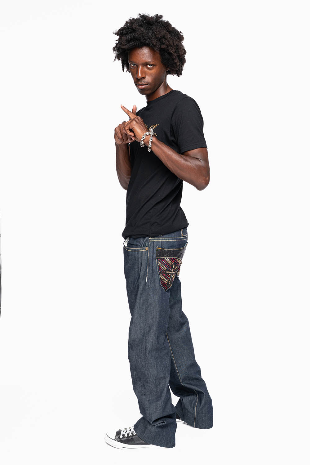 ROBIN’S BOOT CUT GOTHIC JEAN  IN RAW DENIM WITH BLK LEATHER  GOTHIC CROSS FULLY  EMBELLISHED WITH CRYSTALS