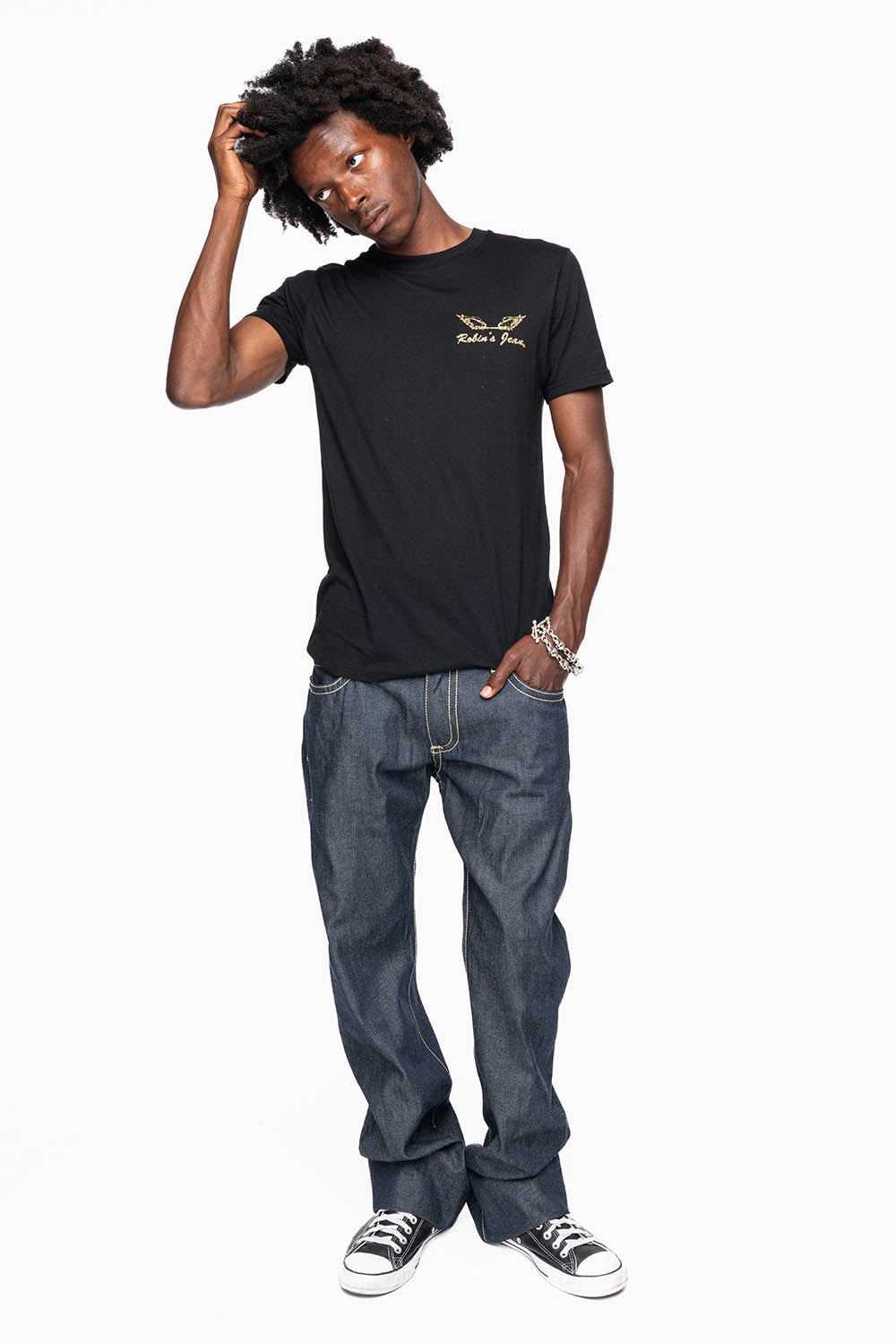 ROBIN’S BOOT CUT GOTHIC JEAN  IN RAW DENIM WITH BLK LEATHER  GOTHIC CROSS FULLY  EMBELLISHED WITH CRYSTALS