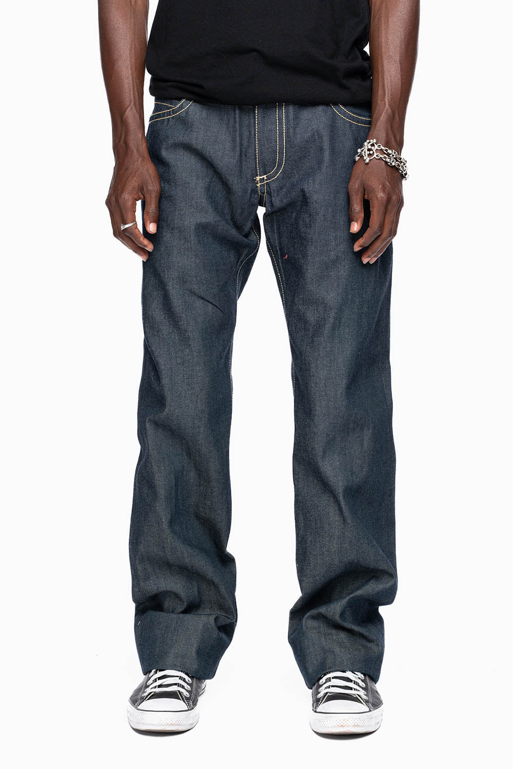 ROBIN’S BOOT CUT GOTHIC JEAN  IN RAW DENIM WITH BLK LEATHER  GOTHIC CROSS  EMBELLISHED WITH JET BLK CRYSTALS