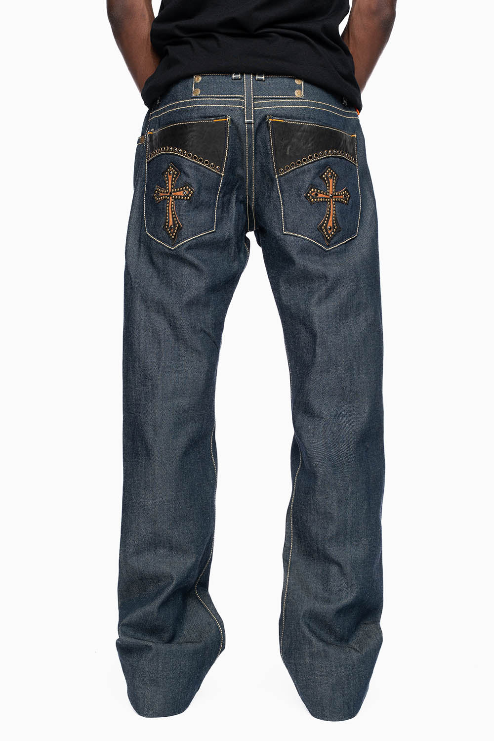 ROBIN’S BOOT CUT GOTHIC JEAN  IN RAW DENIM WITH BLK LEATHER  GOTHIC CROSS  EMBELLISHED WITH JET BLK CRYSTALS
