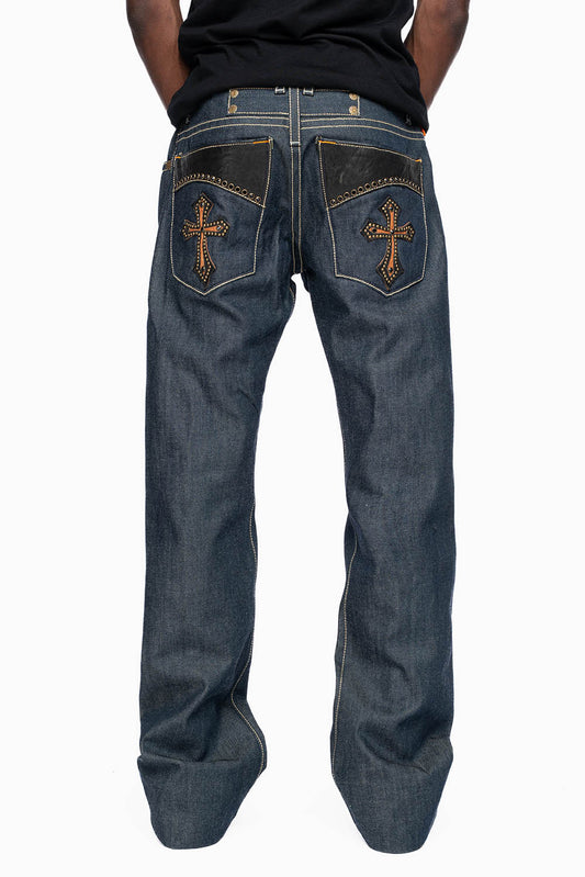 ROBIN’S BOOT CUT GOTHIC JEAN  IN RAW DENIM WITH BLK LEATHER  GOTHIC CROSS  EMBELLISHED WITH JET BLK CRYSTALS