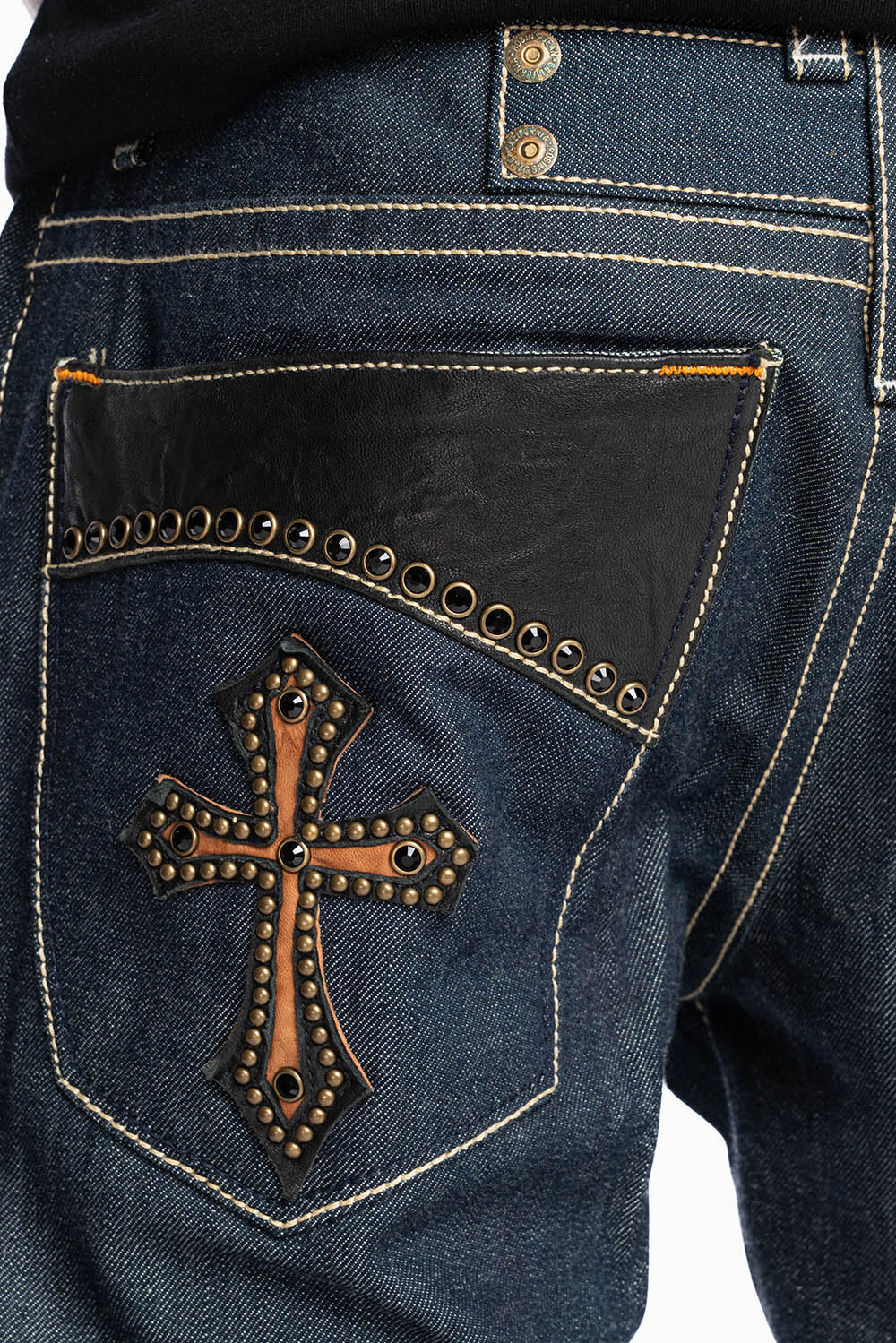ROBIN'S BOOT CUT GOTHIC JEAN IN RAW DENIM WITH BLK LEATHER GOTHIC