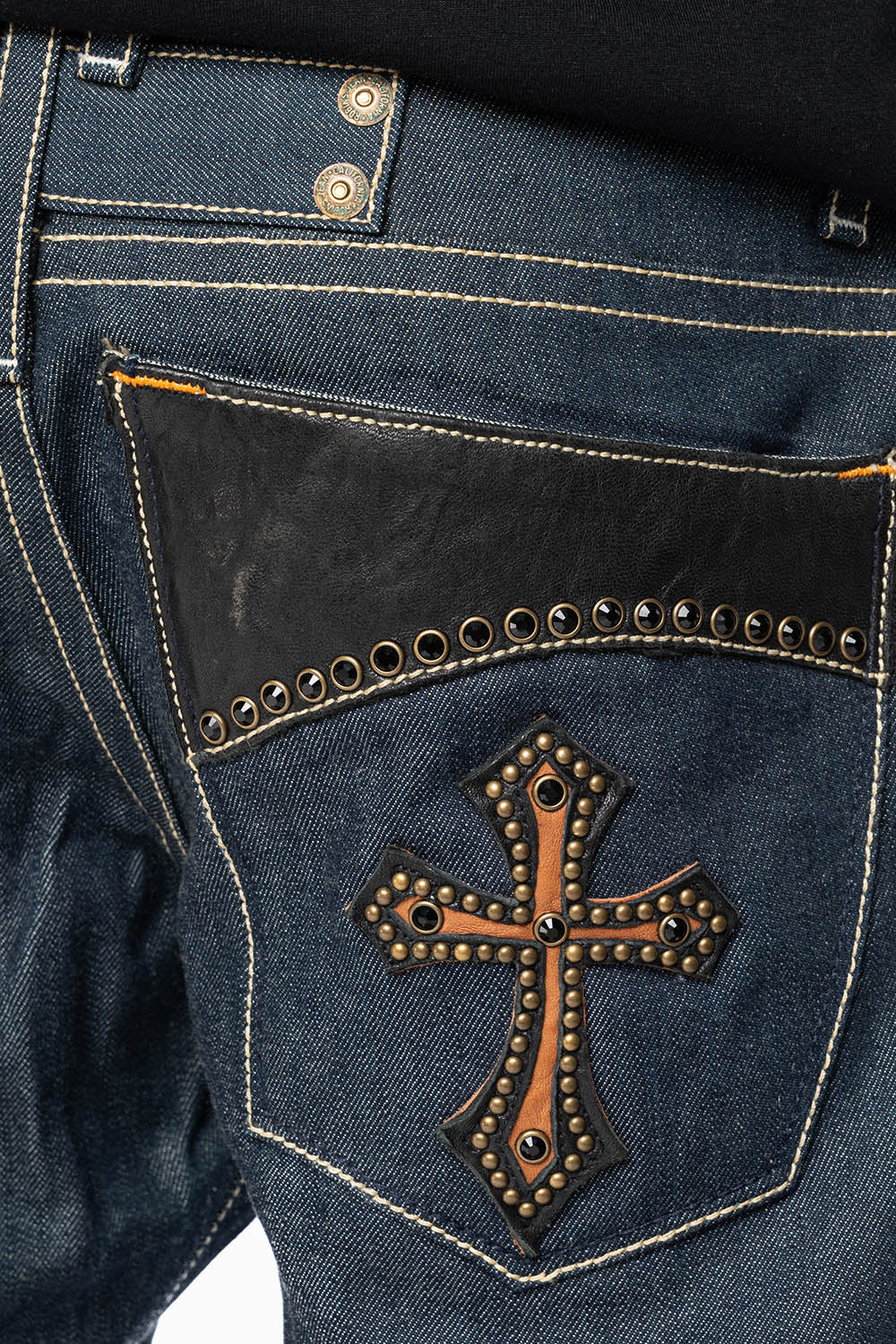ROBIN’S BOOT CUT GOTHIC JEAN  IN RAW DENIM WITH BLK LEATHER  GOTHIC CROSS  EMBELLISHED WITH JET BLK CRYSTALS