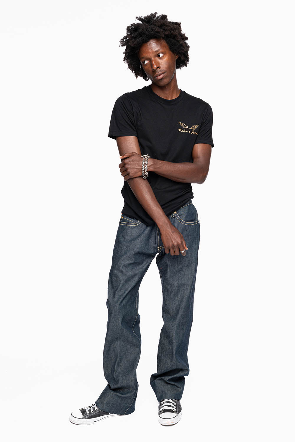 ROBIN’S BOOT CUT GOTHIC JEAN  IN RAW DENIM WITH BLK LEATHER  GOTHIC CROSS  EMBELLISHED WITH JET BLK CRYSTALS