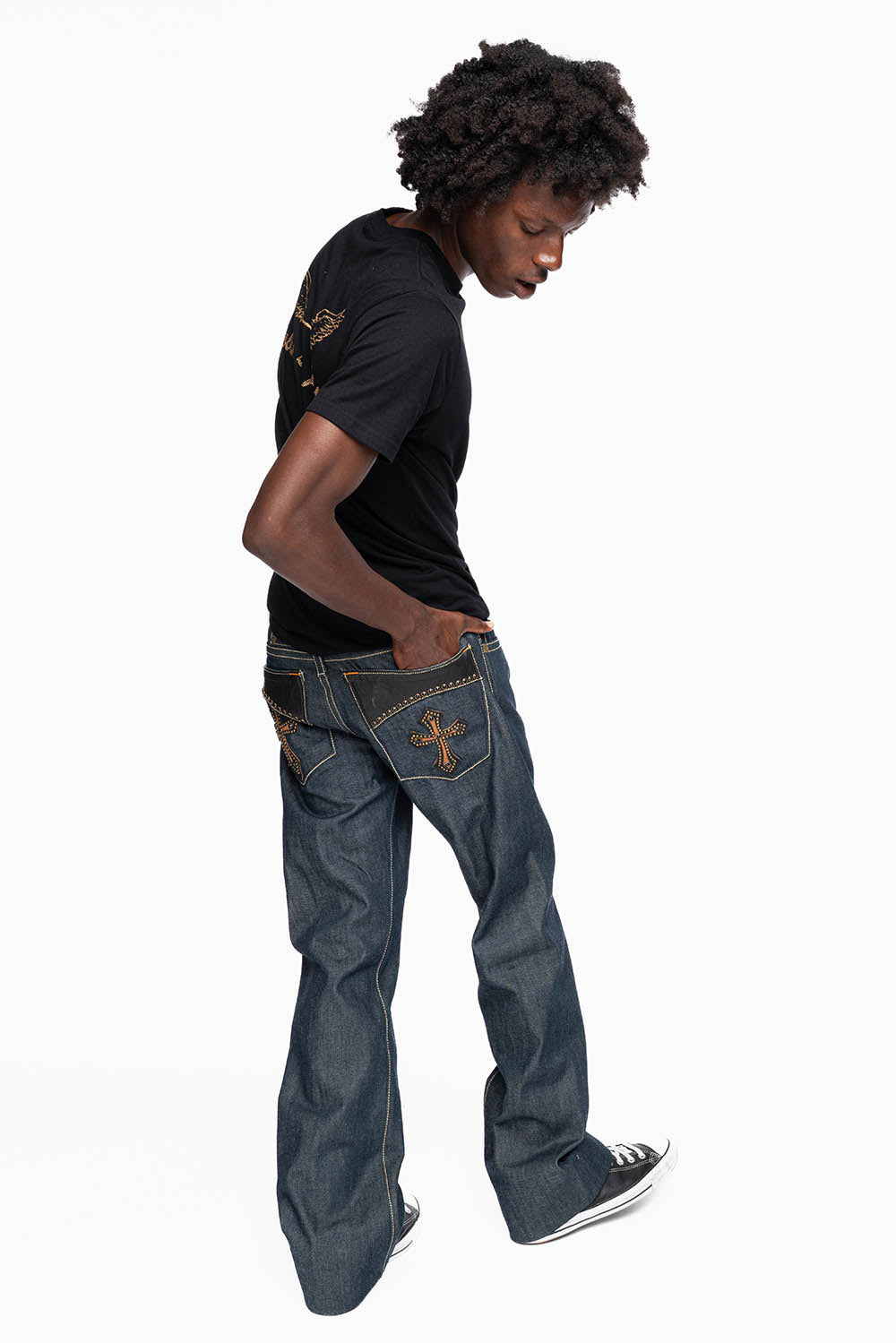 ROBIN’S BOOT CUT GOTHIC JEAN  IN RAW DENIM WITH BLK LEATHER  GOTHIC CROSS  EMBELLISHED WITH JET BLK CRYSTALS