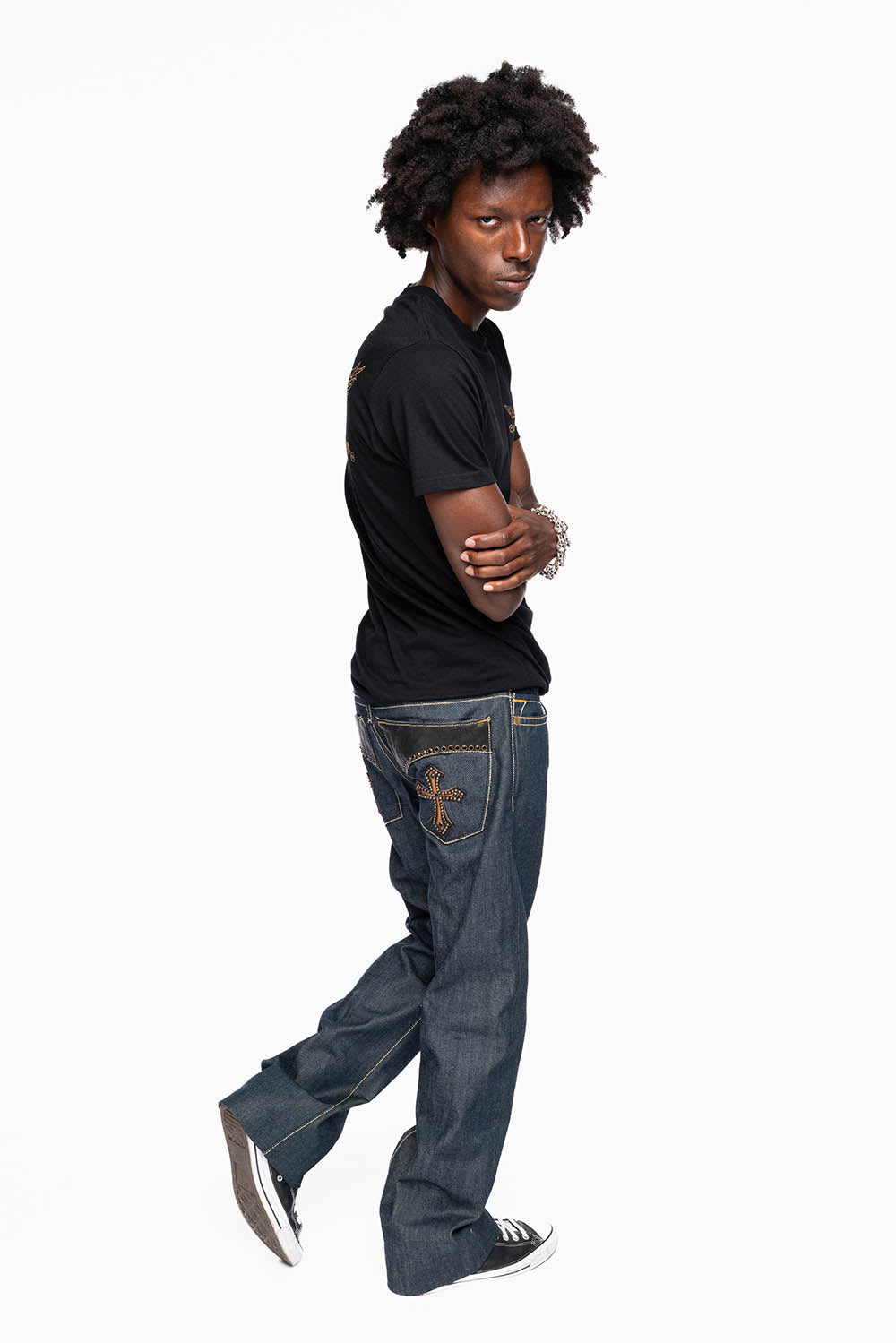 ROBIN’S BOOT CUT GOTHIC JEAN  IN RAW DENIM WITH BLK LEATHER  GOTHIC CROSS  EMBELLISHED WITH JET BLK CRYSTALS