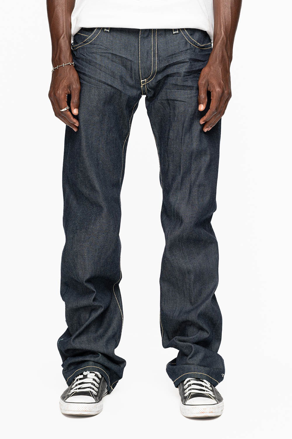 BONNEVILLE  JEAN W/BLK LEATHER IN RAW DENIM WITH CROSS AND EMBELLISHED WITH RED CRYSTALS