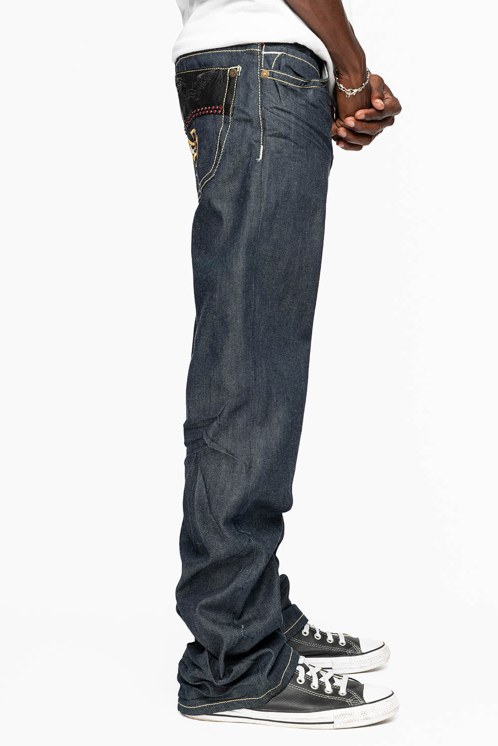 BONNEVILLE  JEAN W/BLK LEATHER IN RAW DENIM WITH CROSS AND EMBELLISHED WITH RED CRYSTALS