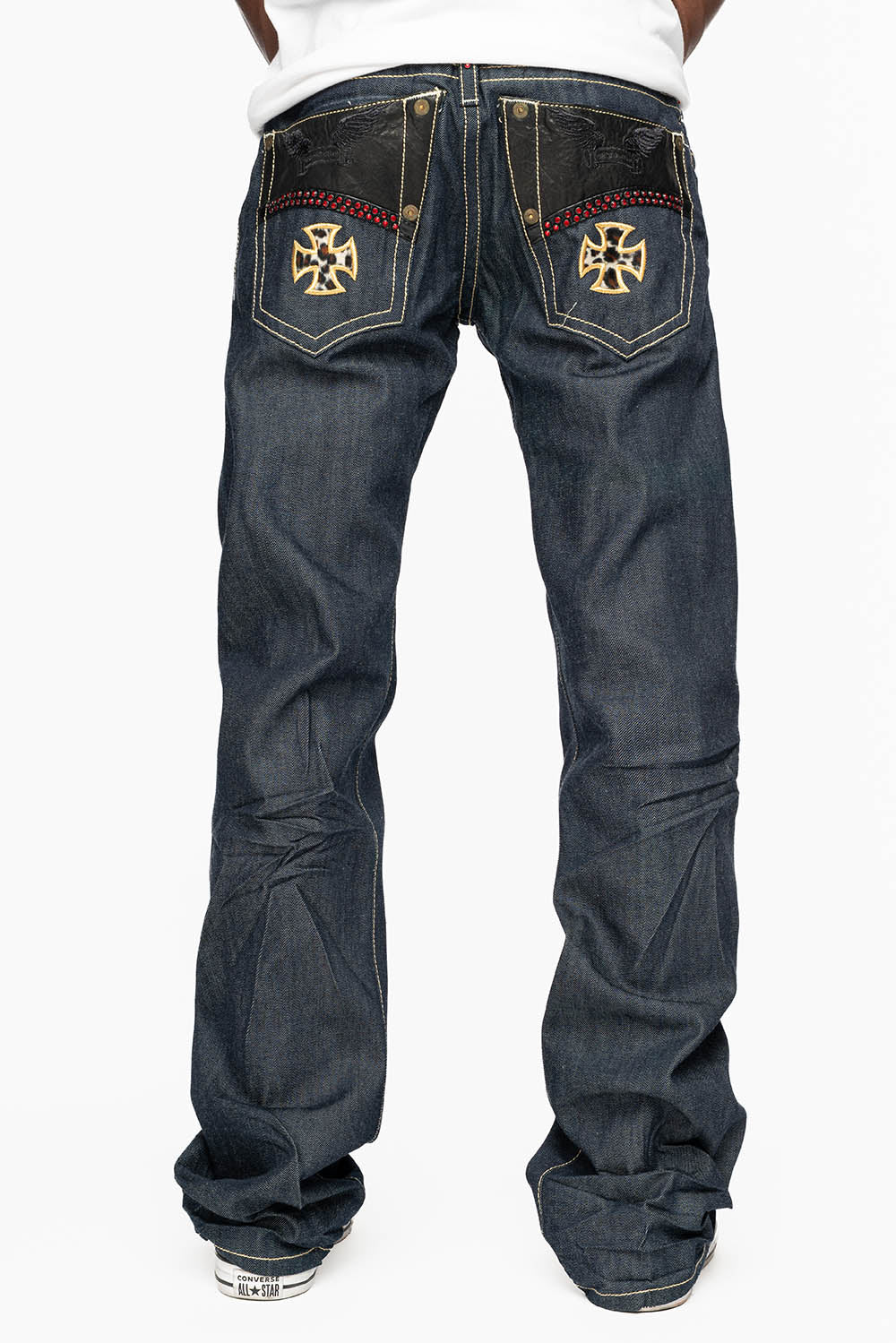 BONNEVILLE  JEAN W/BLK LEATHER IN RAW DENIM WITH CROSS AND EMBELLISHED WITH RED CRYSTALS