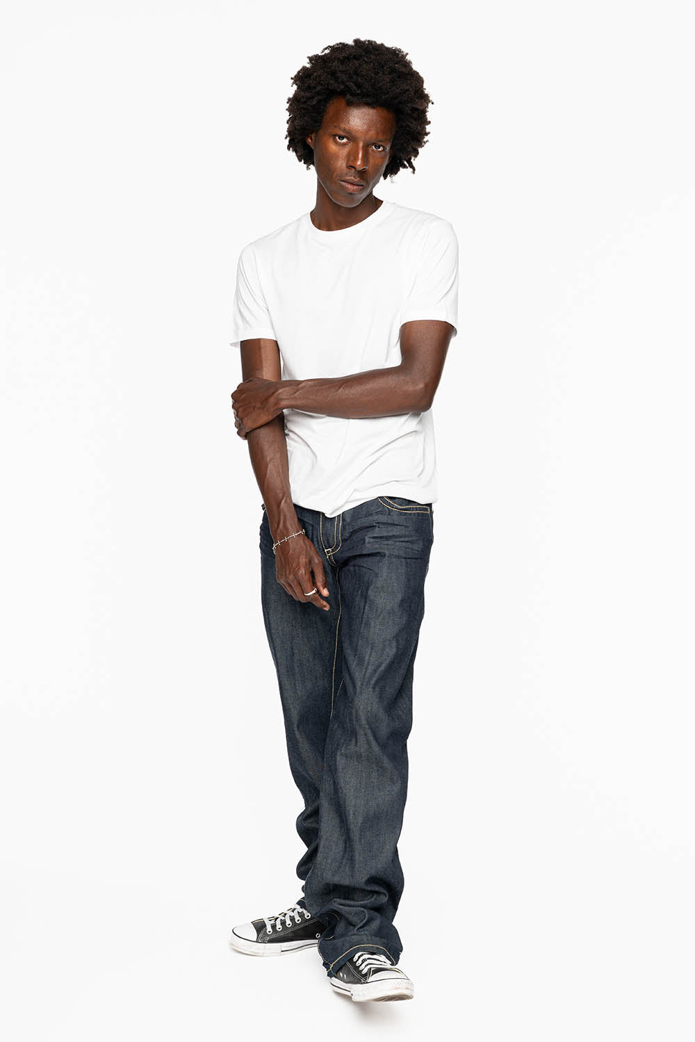 BONNEVILLE  JEAN W/BLK LEATHER IN RAW DENIM WITH CROSS AND EMBELLISHED WITH RED CRYSTALS