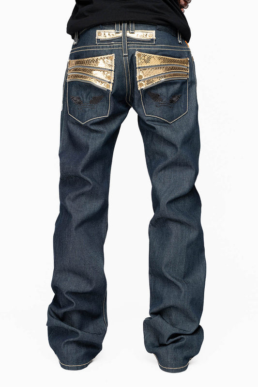 BOOT CUT JEAN  IN RAW DENIM WITH  GOLD LEATHER ZIPPER  EMBELLISHMENT ON BACK POCKETS