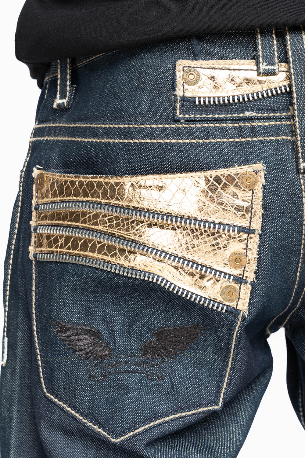 BOOT CUT JEAN  IN RAW DENIM WITH  GOLD LEATHER ZIPPER  EMBELLISHMENT ON BACK POCKETS