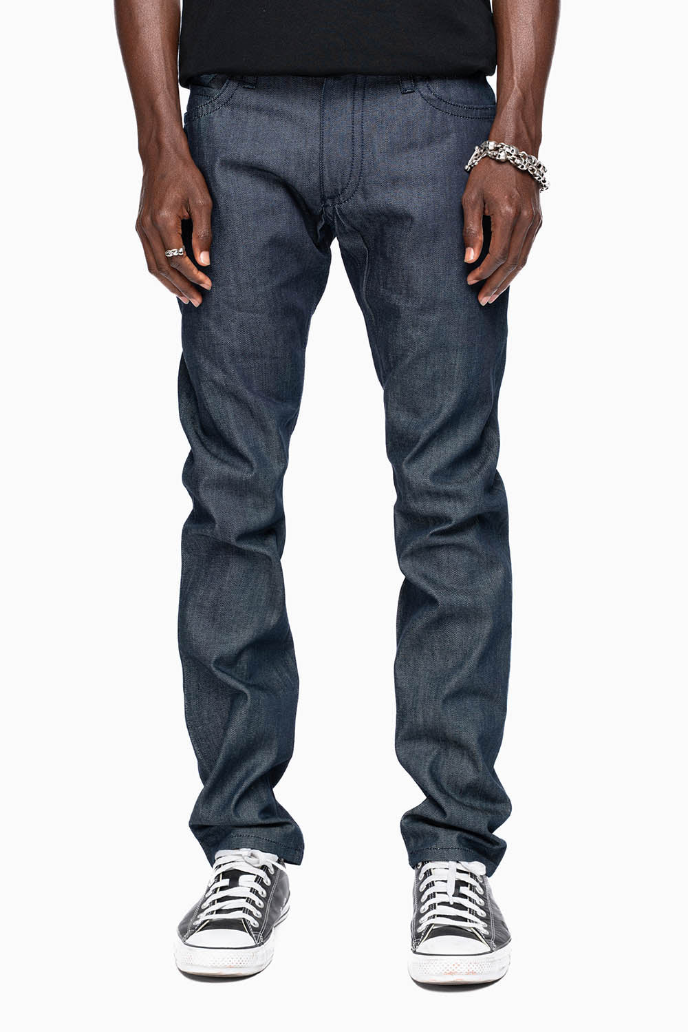 MENS CLASSIC 5 POCKET SLIM LEG JEANS IN RAW DENIM  EMBELLISHED WITH  JET BLK CRYSTALS
