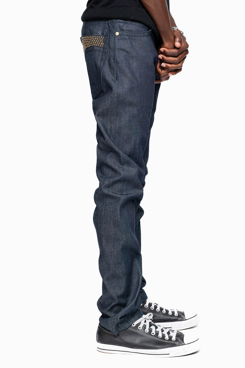 MENS CLASSIC 5 POCKET SLIM LEG JEANS IN RAW DENIM  EMBELLISHED WITH  JET BLK CRYSTALS