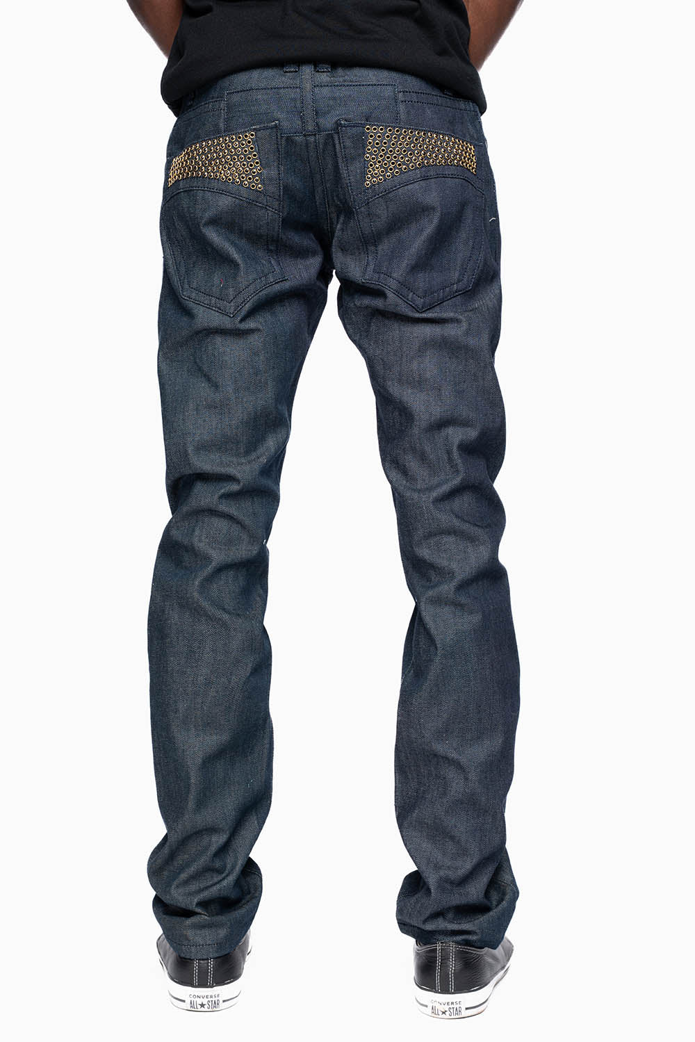 MENS CLASSIC 5 POCKET SLIM LEG JEANS IN RAW DENIM  EMBELLISHED WITH  JET BLK CRYSTALS
