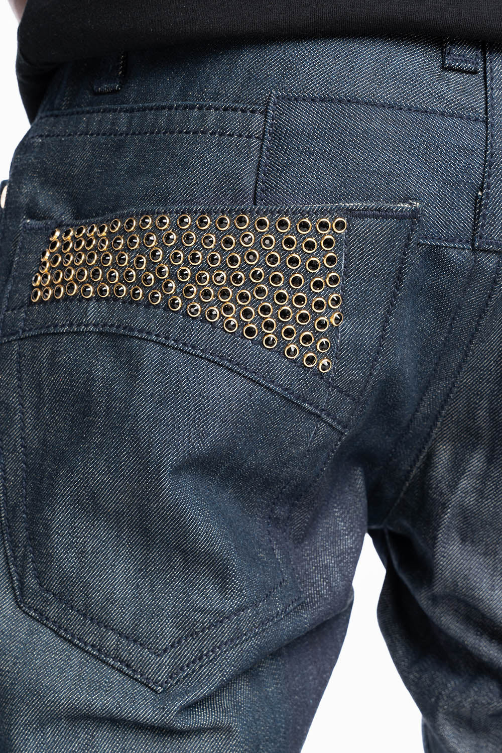 MENS CLASSIC 5 POCKET SLIM LEG JEANS IN RAW DENIM  EMBELLISHED WITH  JET BLK CRYSTALS