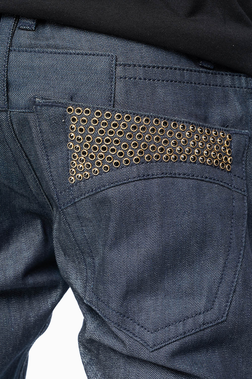 MENS CLASSIC 5 POCKET SLIM LEG JEANS IN RAW DENIM  EMBELLISHED WITH  JET BLK CRYSTALS