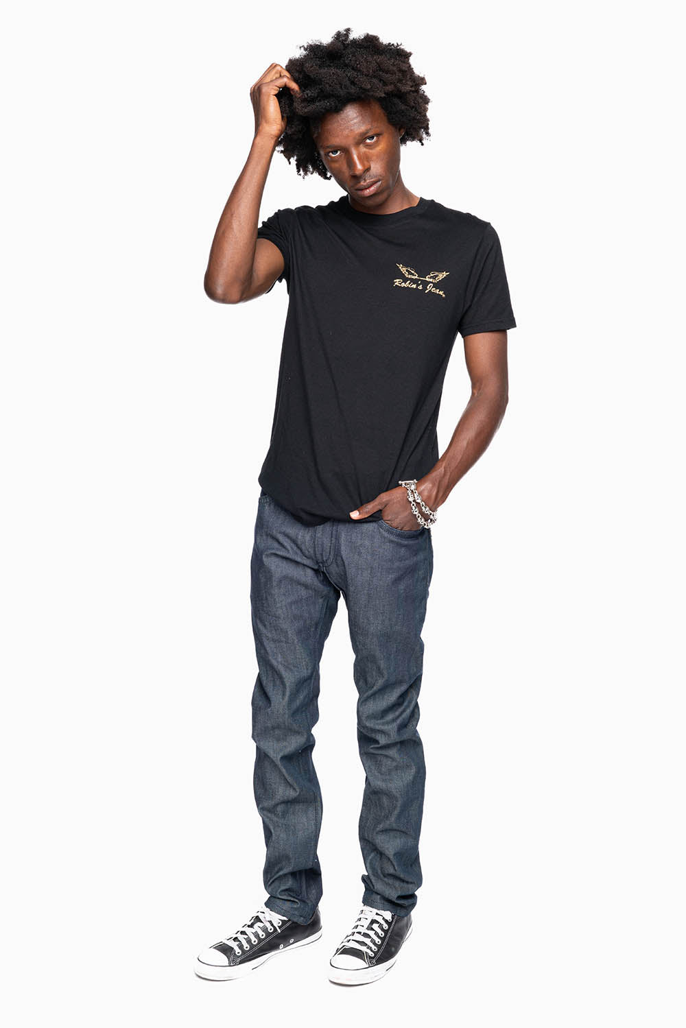 MENS CLASSIC 5 POCKET SLIM LEG JEANS IN RAW DENIM  EMBELLISHED WITH  JET BLK CRYSTALS