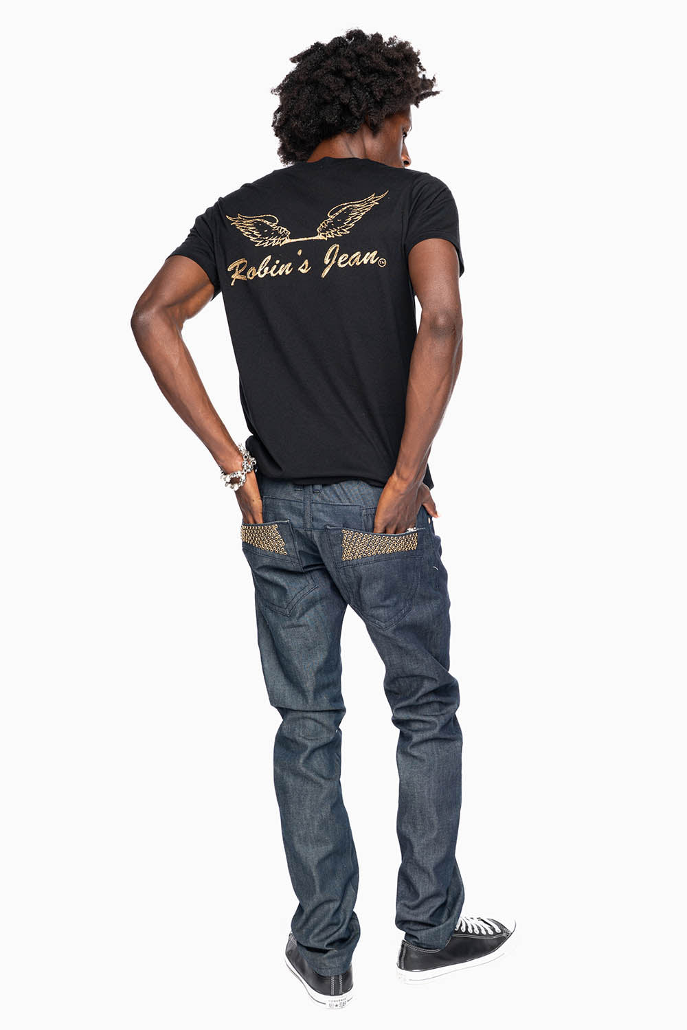 MENS CLASSIC 5 POCKET SLIM LEG JEANS IN RAW DENIM  EMBELLISHED WITH  JET BLK CRYSTALS