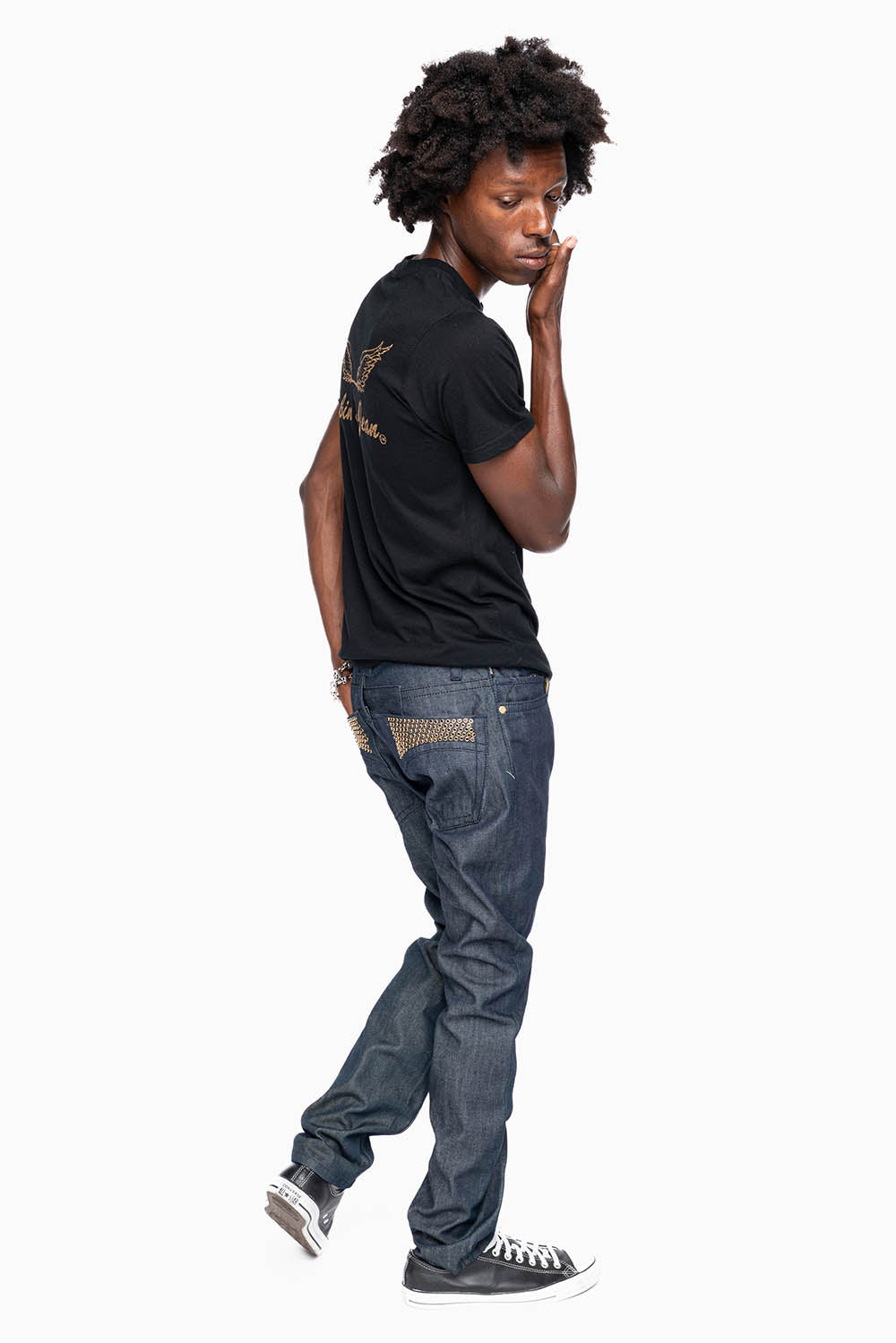 MENS CLASSIC 5 POCKET SLIM LEG JEANS IN RAW DENIM  EMBELLISHED WITH  JET BLK CRYSTALS