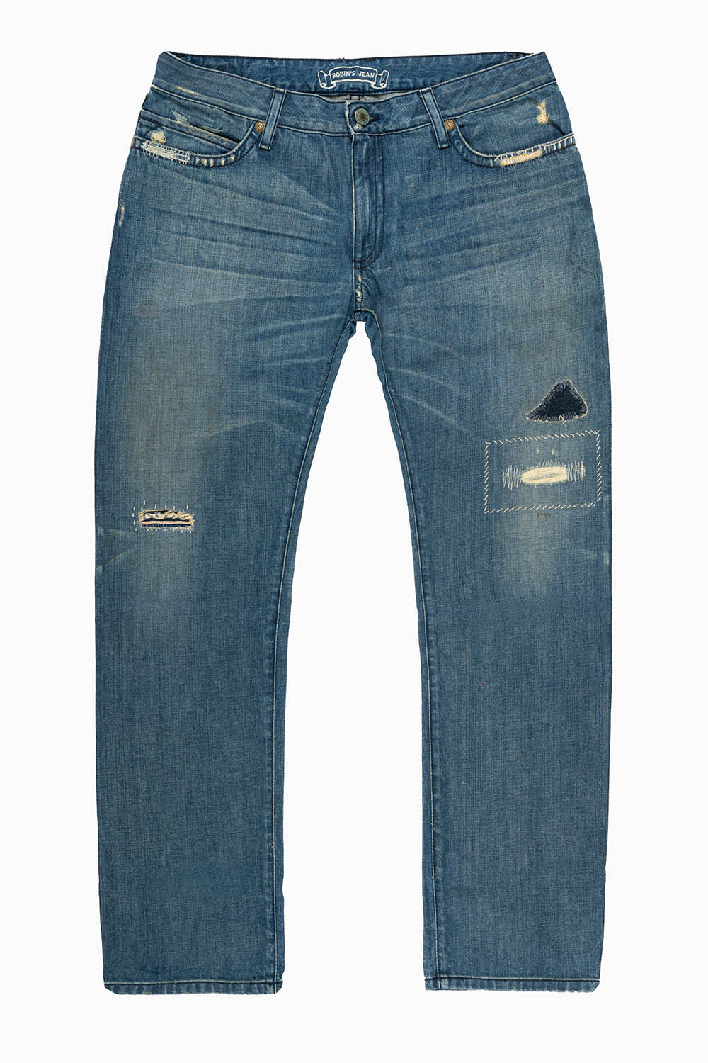 MENS CLASSIC 5 POCKET SLIM LEG JEANS IN REPAIRED MEDIUM WASH  EMBELLISHED WITH  CRYSTALS & STUDS