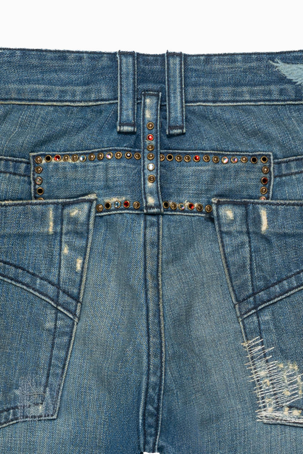 MENS CLASSIC 5 POCKET SLIM LEG JEANS IN REPAIRED MEDIUM WASH  EMBELLISHED WITH  CRYSTALS & STUDS