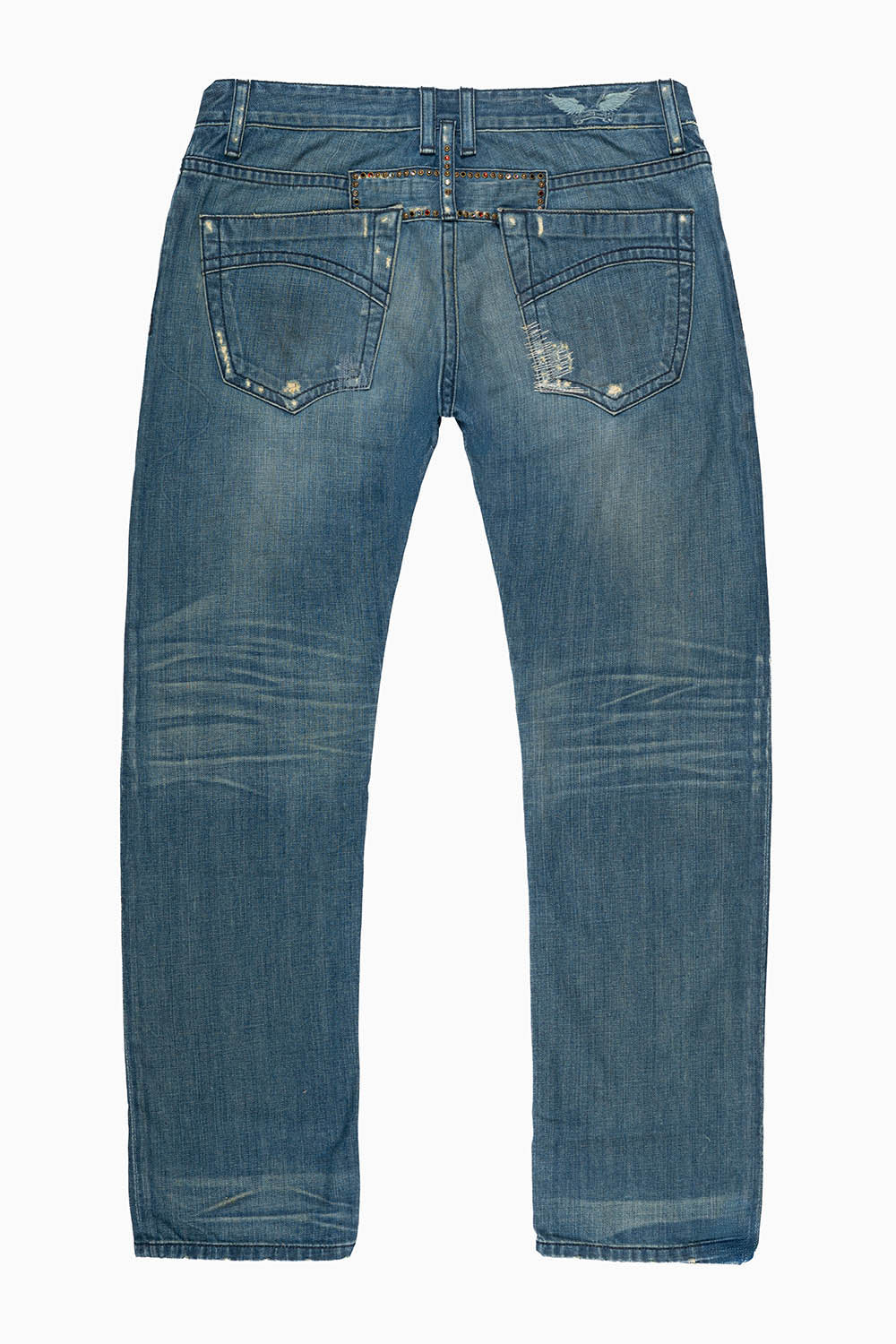 MENS CLASSIC 5 POCKET SLIM LEG JEANS IN REPAIRED MEDIUM WASH  EMBELLISHED WITH  CRYSTALS & STUDS