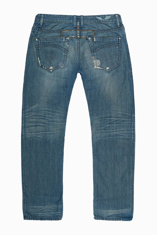 MENS CLASSIC 5 POCKET SLIM LEG JEANS IN REPAIRED MEDIUM WASH  EMBELLISHED WITH  CRYSTALS & STUDS