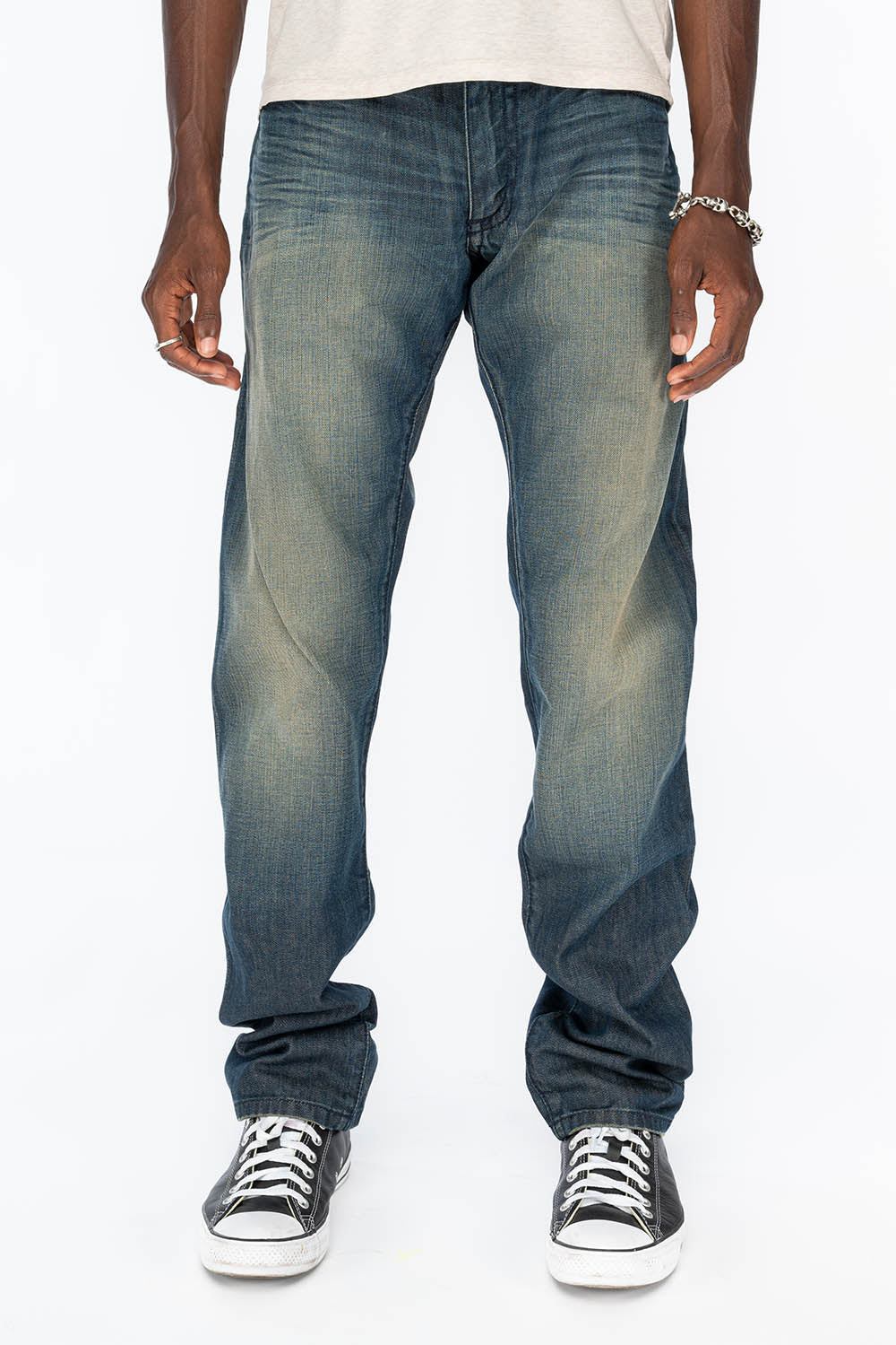 CLASSIC 5 POCKET SLIM JEANS IN BLUE SMOKY DARK WASH WITH CRYSTAL