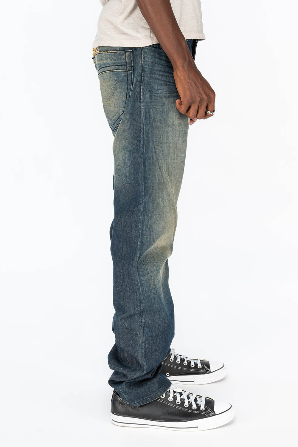 CLASSIC 5 POCKET SLIM JEANS IN BLUE SMOKY DARK WASH WITH CRYSTAL