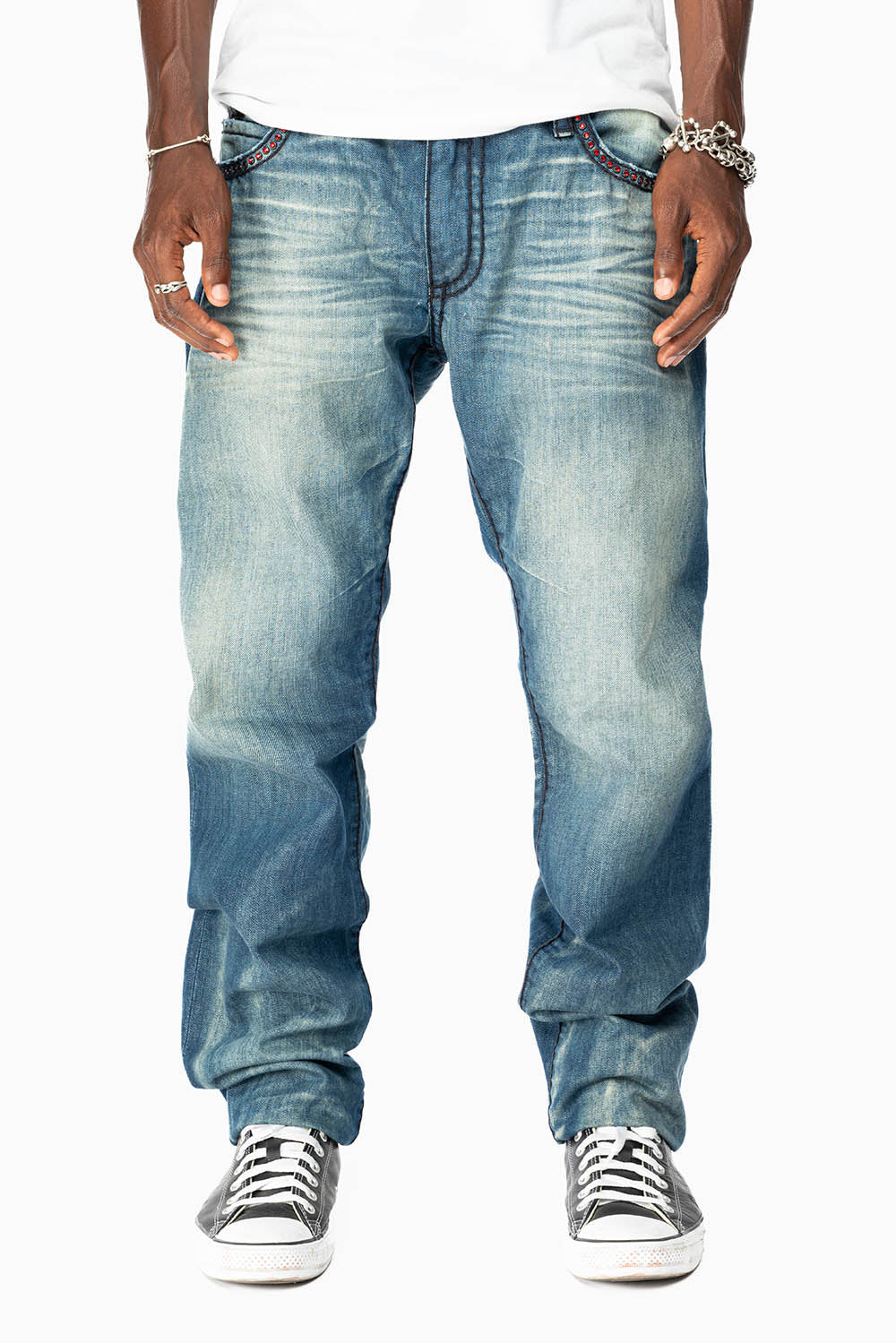LIMITED EDITION  SLIM FIT JEANS IN OMAHA GASOLINE WASH WITH HEAVY STITCHING EMBELLISHED WITH RED CRYSTALS