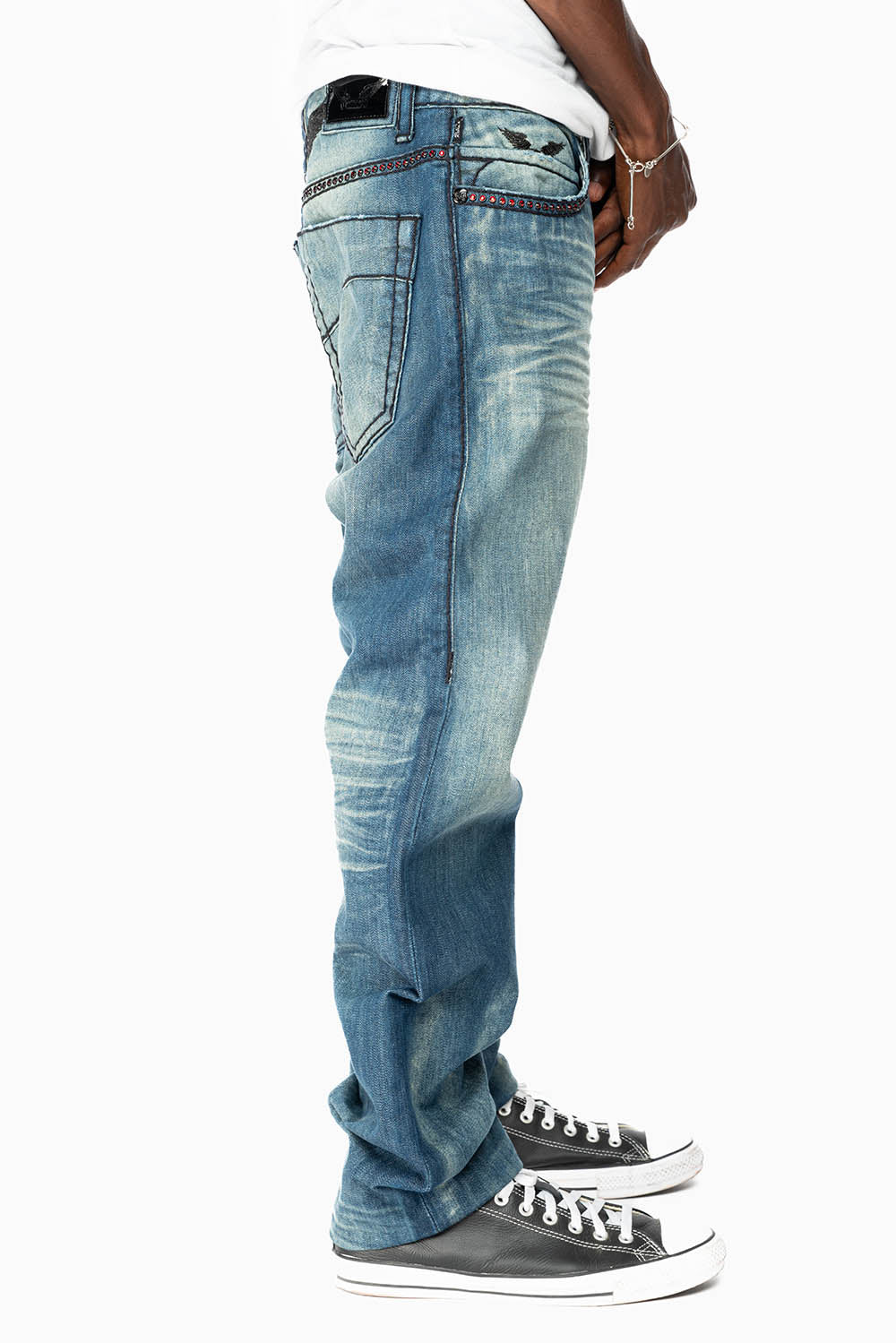LIMITED EDITION  SLIM FIT JEANS IN OMAHA GASOLINE WASH WITH HEAVY STITCHING EMBELLISHED WITH RED CRYSTALS