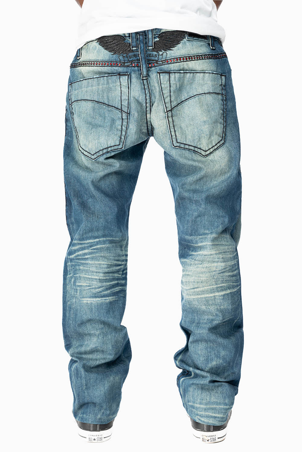 LIMITED EDITION  SLIM FIT JEANS IN OMAHA GASOLINE WASH WITH HEAVY STITCHING EMBELLISHED WITH RED CRYSTALS
