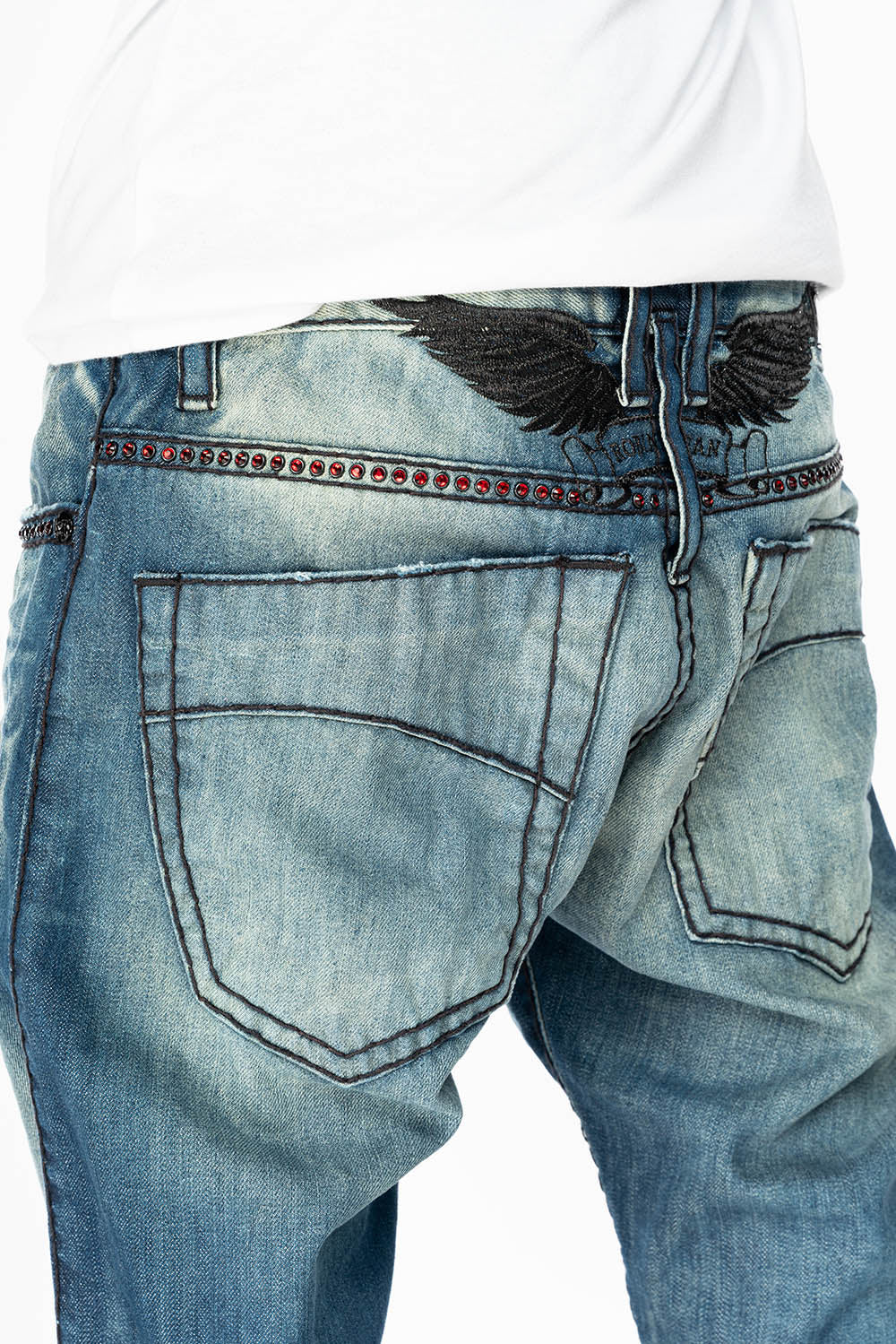 LIMITED EDITION  SLIM FIT JEANS IN OMAHA GASOLINE WASH WITH HEAVY STITCHING EMBELLISHED WITH RED CRYSTALS