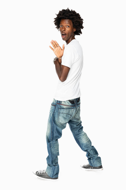 LIMITED EDITION  SLIM FIT JEANS IN OMAHA GASOLINE WASH WITH HEAVY STITCHING EMBELLISHED WITH RED CRYSTALS