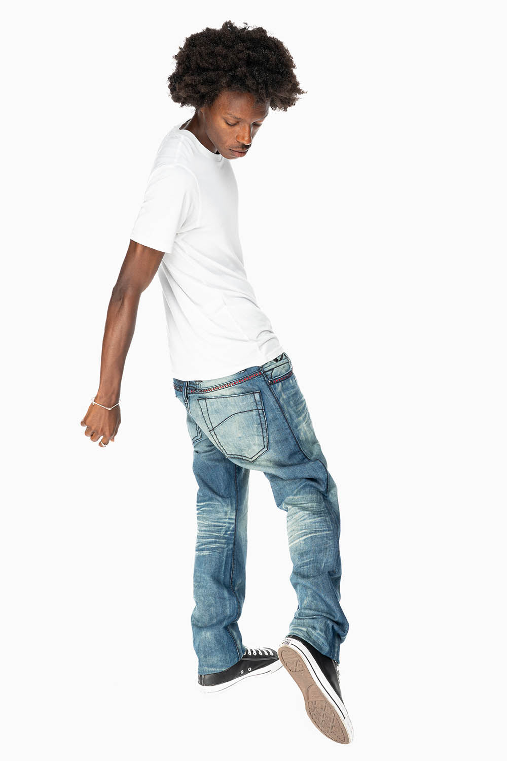 LIMITED EDITION  SLIM FIT JEANS IN OMAHA GASOLINE WASH WITH HEAVY STITCHING EMBELLISHED WITH RED CRYSTALS