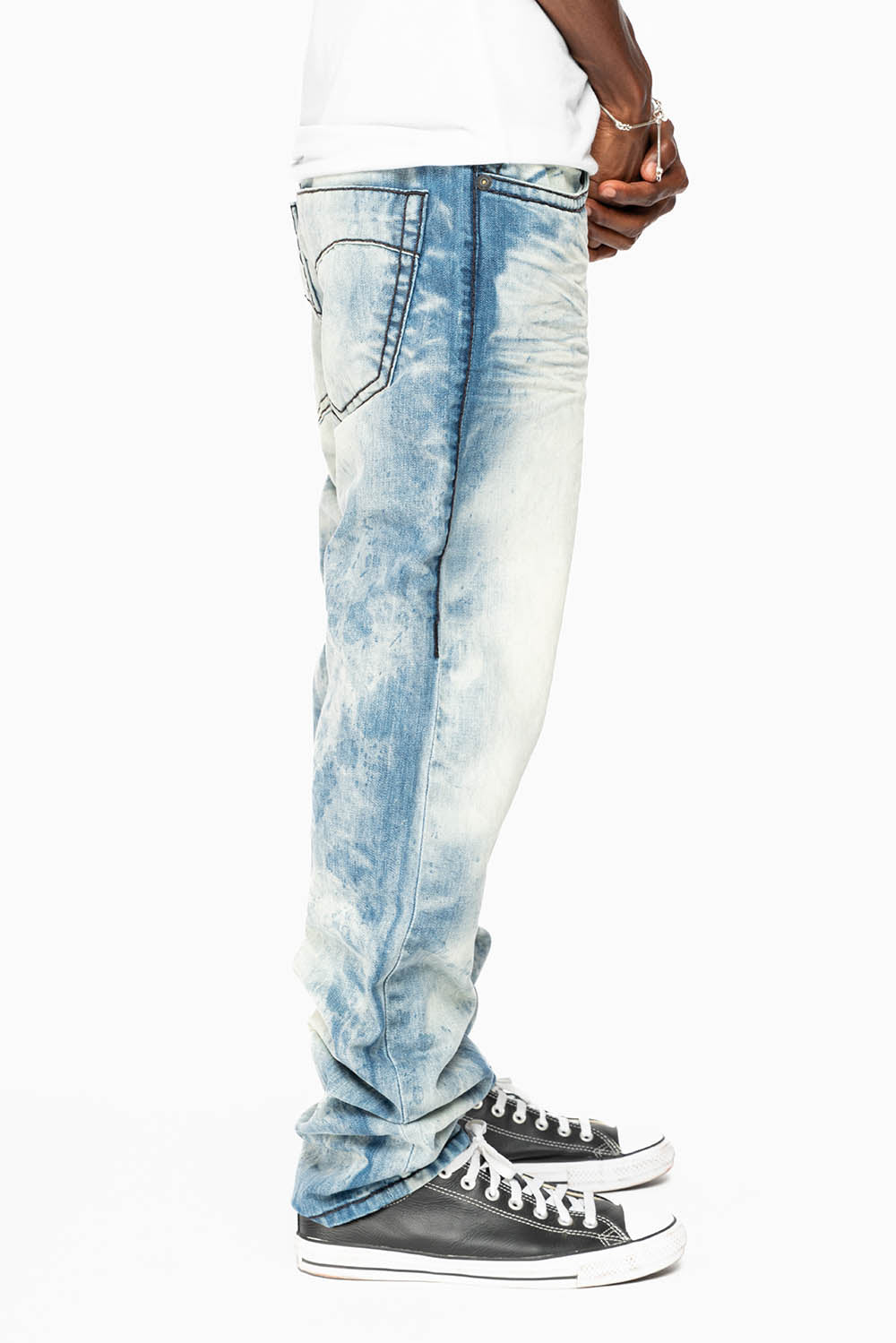 MENS SLIM FIT JEANS IN CHEROKEE DARK WASH WITH HEAVY STITCHING AND BLK EMBROIDERED WINGS