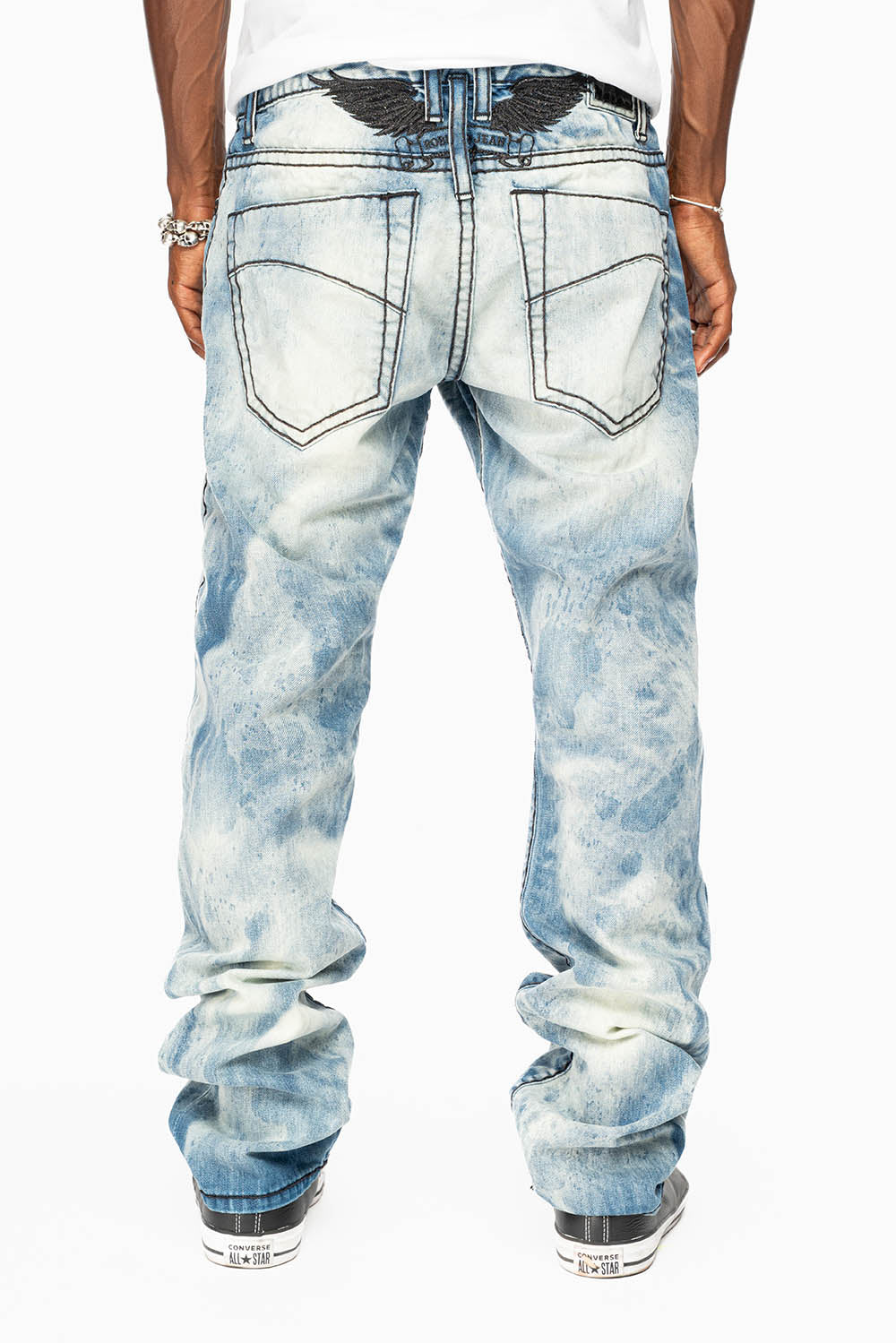 MENS SLIM FIT JEANS IN CHEROKEE DARK WASH WITH HEAVY STITCHING AND BLK EMBROIDERED WINGS