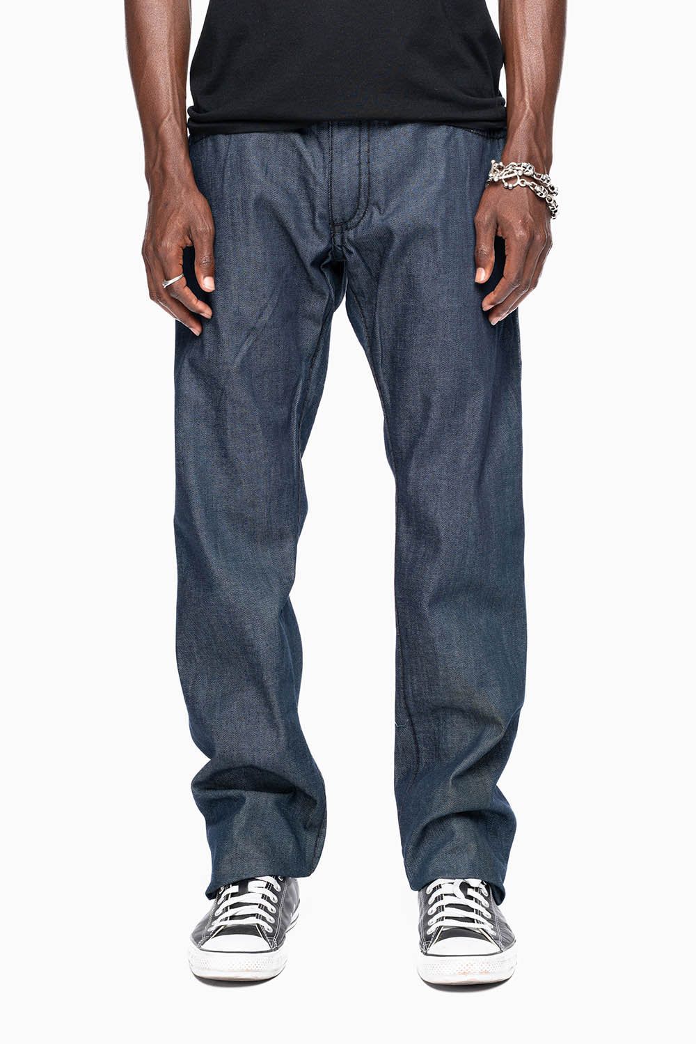 ROBIN'S SLIM FIT JEANS IN RAW DENIM EMBROIDERED ROBIN'S WING LOGO WITH BLK HEAVY STITCHING