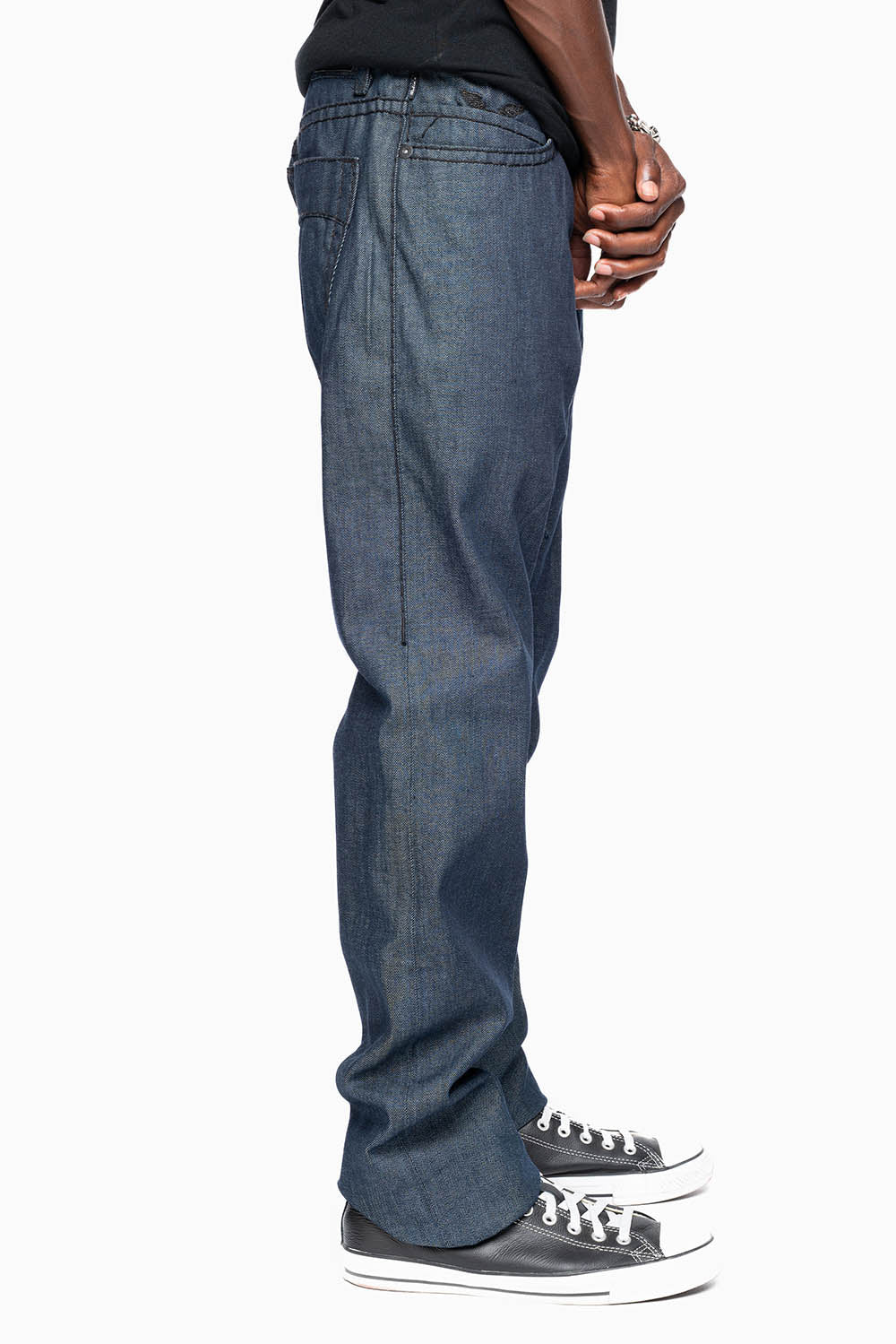 ROBIN'S SLIM FIT JEANS IN RAW DENIM EMBROIDERED ROBIN'S WING LOGO WITH BLK HEAVY STITCHING