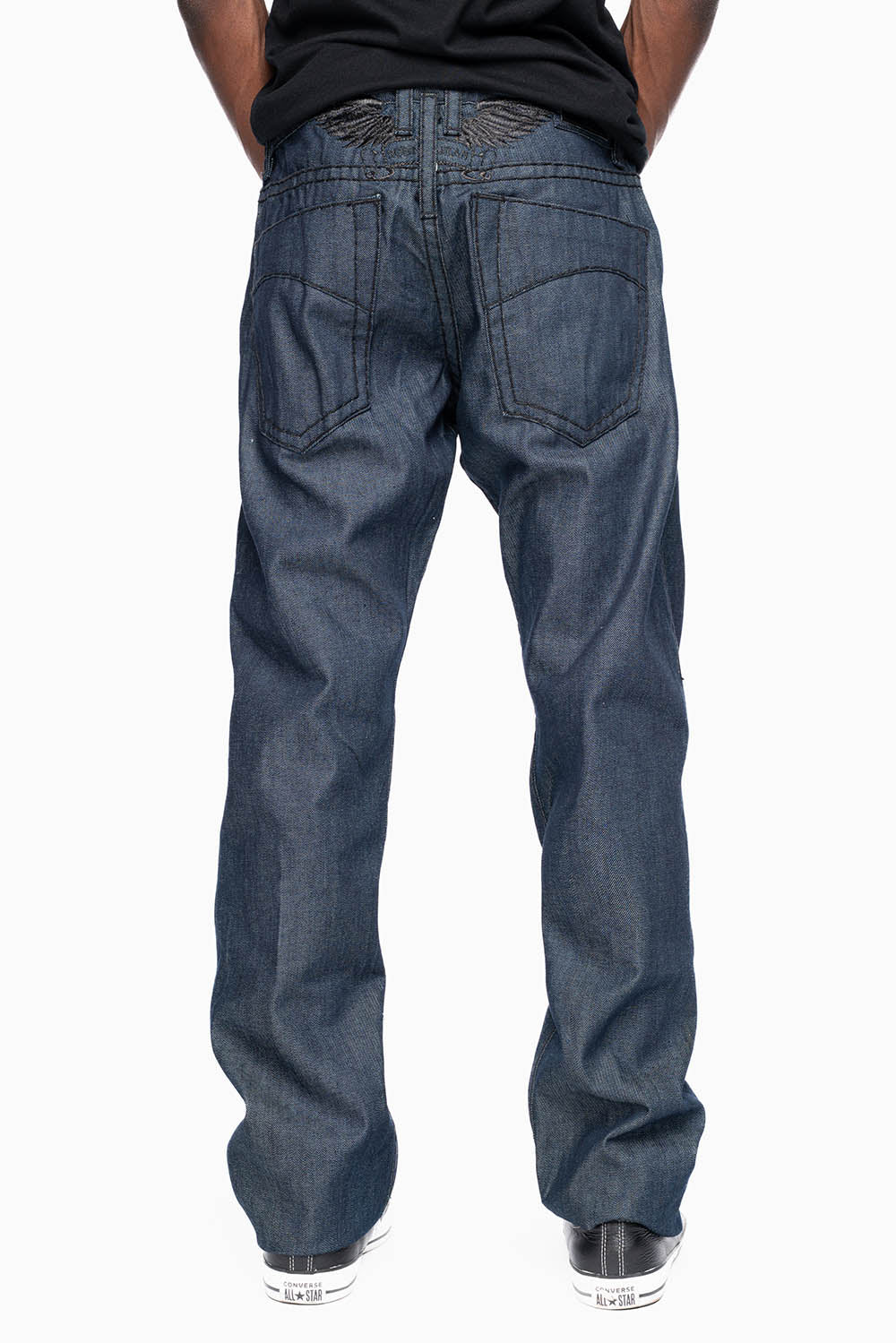 ROBIN'S SLIM FIT JEANS IN RAW DENIM EMBROIDERED ROBIN'S WING LOGO WITH BLK HEAVY STITCHING